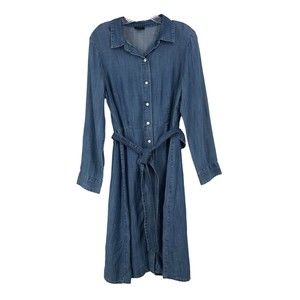 Talbots Tencel Chambray Blue Shirt Dress Midi Button Up Belted Womens Size 10